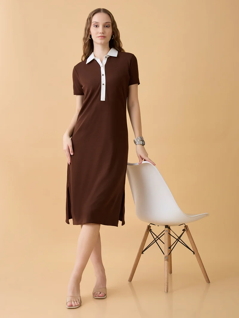 Women Brown Collared Neck Short Sleeves Self Design Side Slits Midi Workwear Shirt Dress