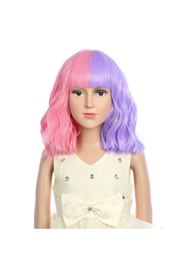DUDUWIG Short Half Purple Half Pink Wig With Bangs For Kid Girls (Purple/Pink) - Image 2