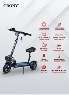 Crony V10 Fast Speed E-Scooter 1200W Motor 48v/12ah,10" Off-Road Wide Tires,Dual Suspension/Hydraulic Disc Brakes E-Bike, Triple Led Headlamps, All-Terrain, Easy Foldable, Portable Commuter Electric Scooter For Adults & Kids, 120kg Load Skateboard, 21kg Aluminum Frame, Urban Mobility tool，Blue  - Image 4