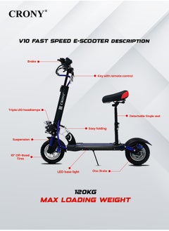 Crony V10 Fast Speed E-Scooter 1200W Motor 48v/12ah,10" Off-Road Wide Tires,Dual Suspension/Hydraulic Disc Brakes E-Bike, Triple Led Headlamps, All-Terrain, Easy Foldable, Portable Commuter Electric Scooter For Adults & Kids, 120kg Load Skateboard, 21kg Aluminum Frame, Urban Mobility tool，Blue  - Image 5