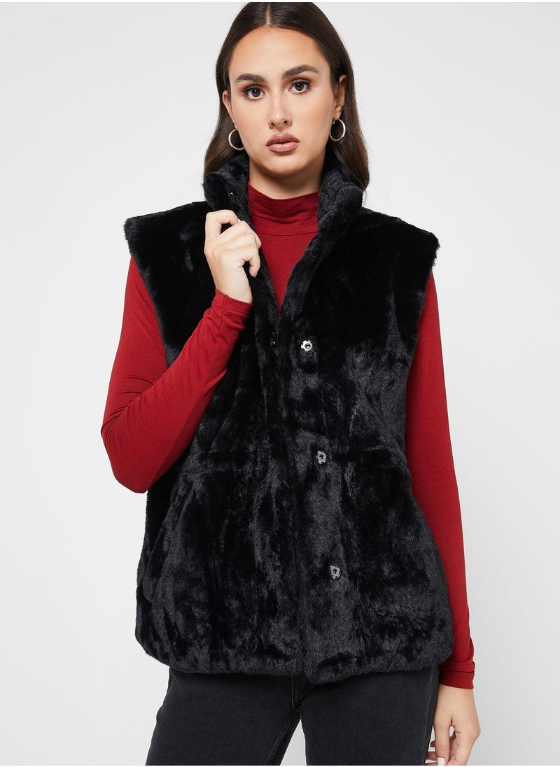 VERO MODA - High Neck Fur Vest Coat - Image 1