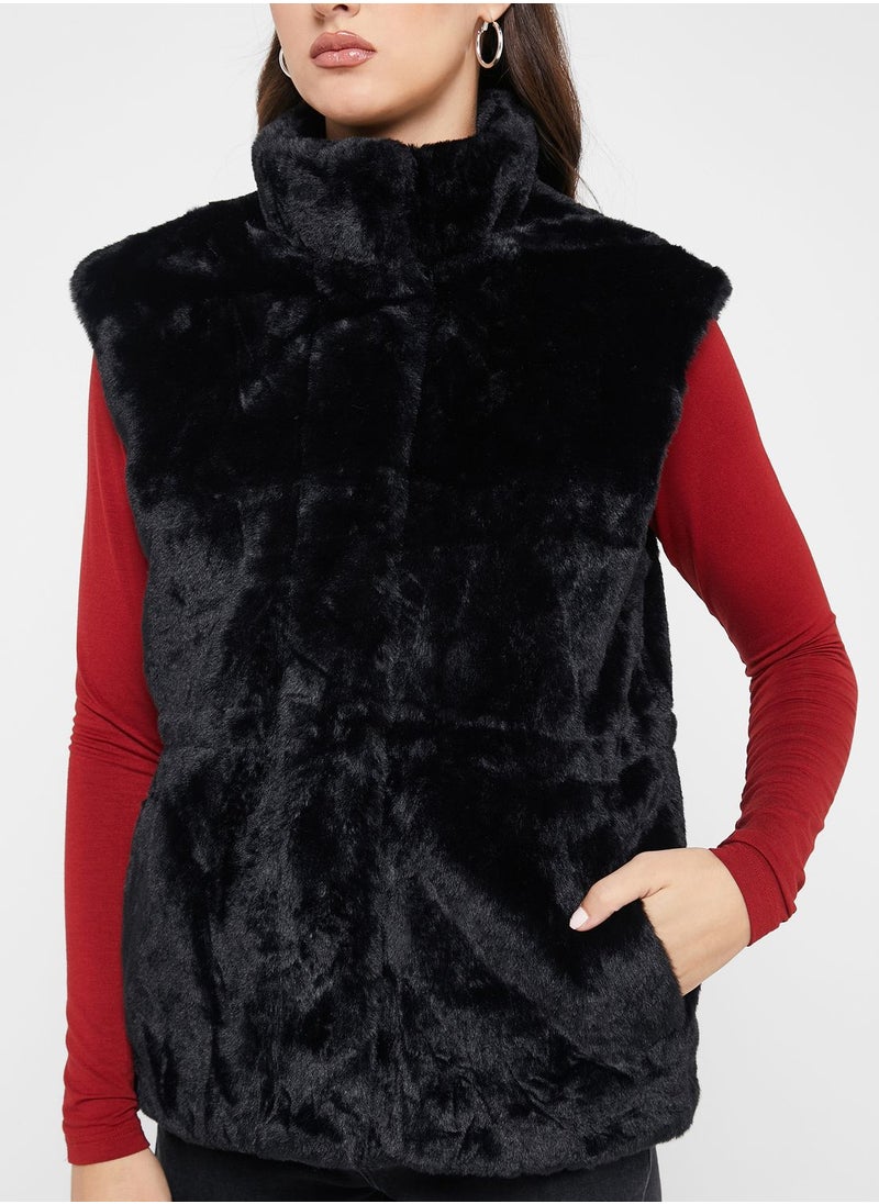 VERO MODA - High Neck Fur Vest Coat - Image 1