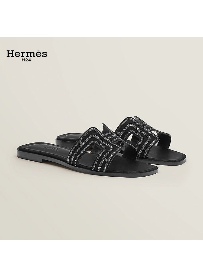 Hermes H24 حذاء شبشب نسائي بكعب مسطح من جلد الماعز من Hermes H24 Oran، أسود - Image 1