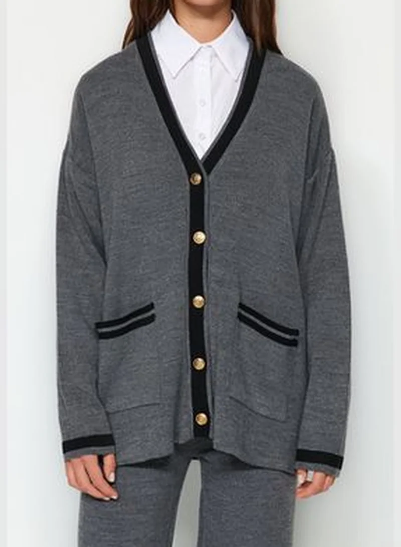 trendyol Anthracite Color Block Gold Buttons Cardigan-Pants Knitwear Bottom-Top Set TCTAW24US00107