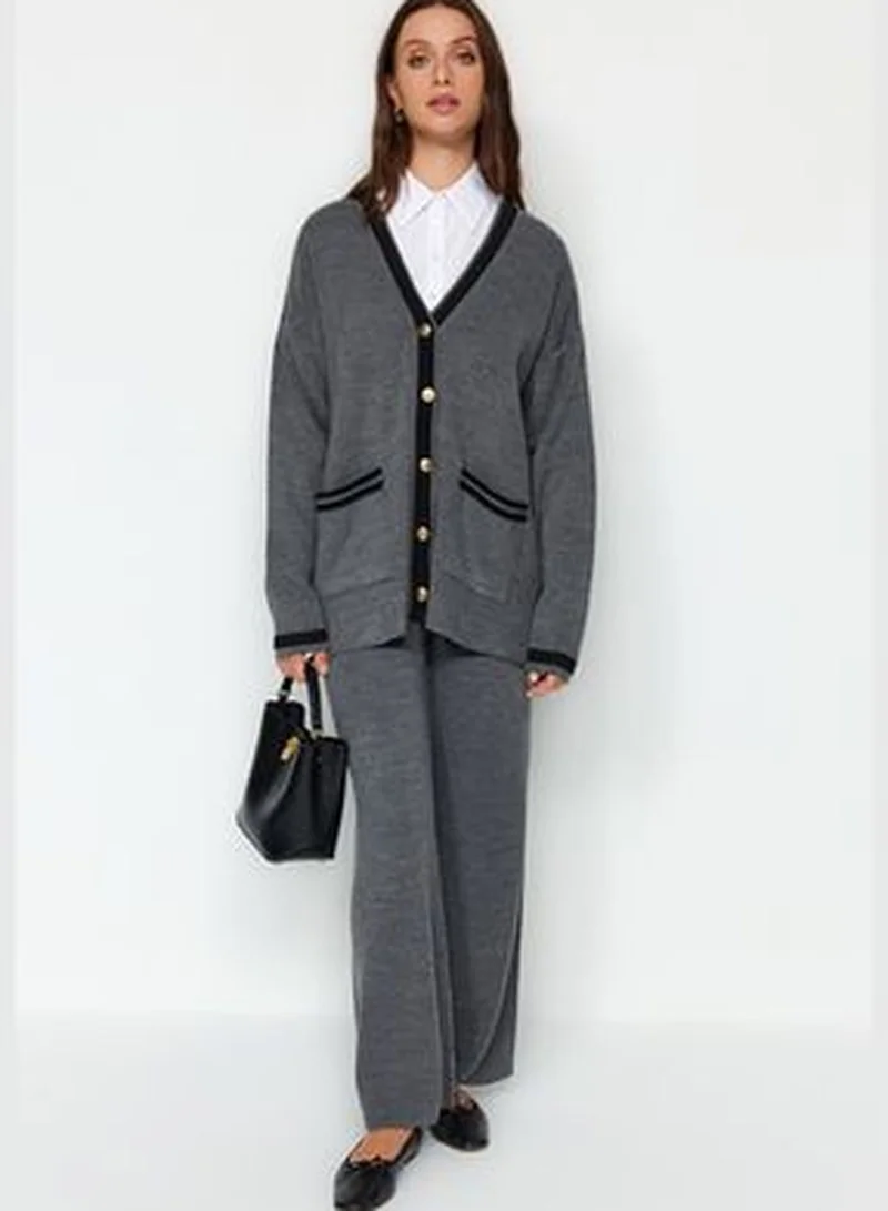trendyol Anthracite Color Block Gold Buttons Cardigan-Pants Knitwear Bottom-Top Set TCTAW24US00107