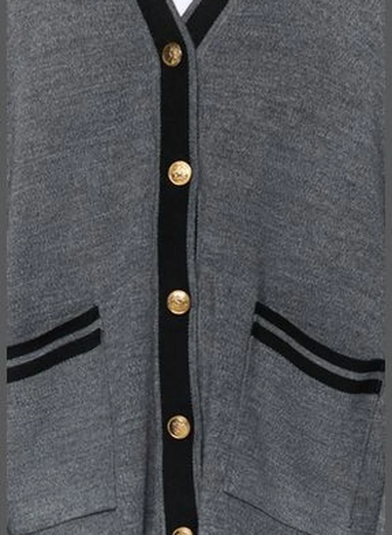 trendyol Anthracite Color Block Gold Buttons Cardigan-Pants Knitwear Bottom-Top Set TCTAW24US00107