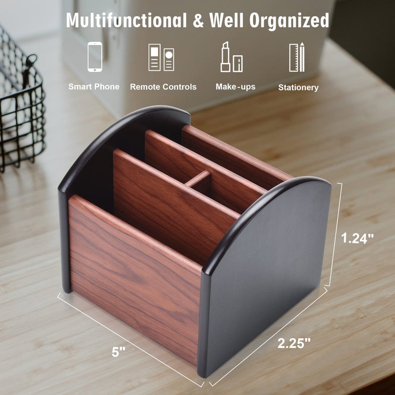 Siveit Wooden Desk Organizer, 4 Compartment Revolving Wood Desktop Organizer Office Supplies Rotating Remote Control Caddy Holder (Desk Organizer-4) - Image 3