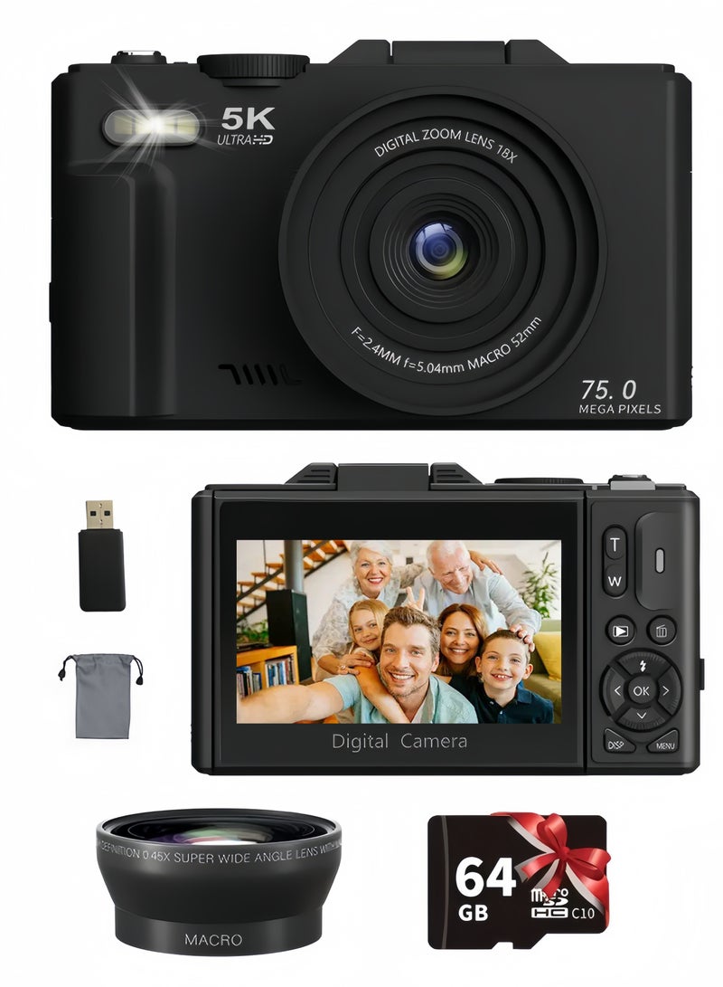 SahlTech 5K Digital Camera with 64GB TF Card, 75MP Photography Camera, 18X Zoom Point and Shoot Vlogging Camcorder for YouTube, 3" 180° Flip Screen & Wide-Angle Lens – Ideal Beginner Gift - Image 1