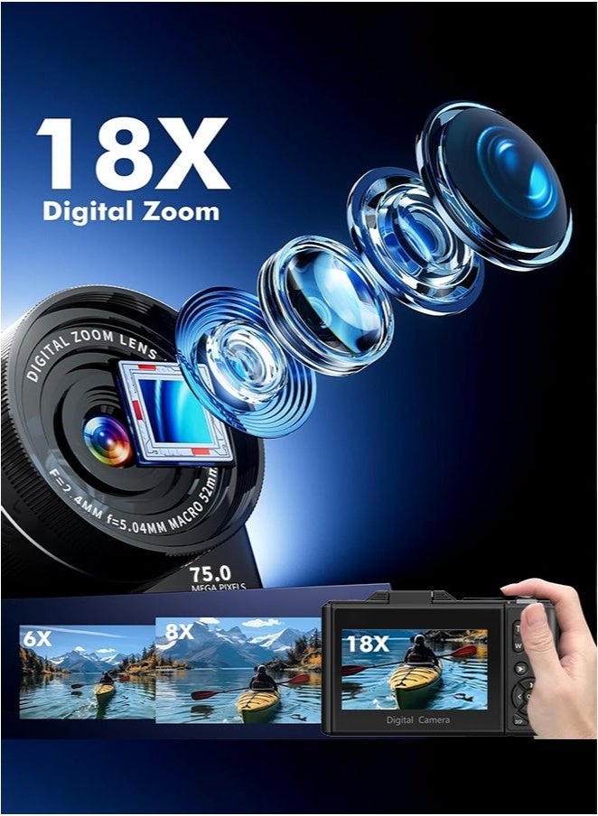 SahlTech 5K Digital Camera with 64GB TF Card, 75MP Photography Camera, 18X Zoom Point and Shoot Vlogging Camcorder for YouTube, 3" 180° Flip Screen & Wide-Angle Lens – Ideal Beginner Gift - Image 3