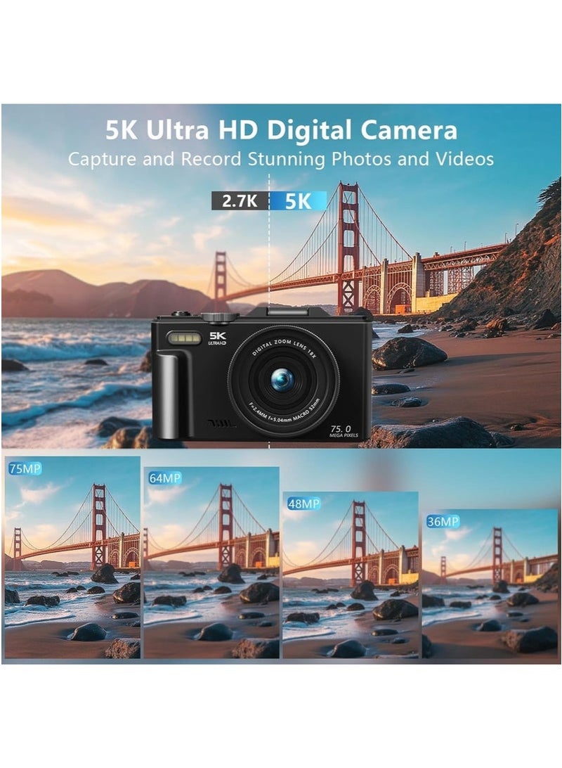SahlTech 5K Digital Camera with 64GB TF Card, 75MP Photography Camera, 18X Zoom Point and Shoot Vlogging Camcorder for YouTube, 3" 180° Flip Screen & Wide-Angle Lens – Ideal Beginner Gift - Image 2