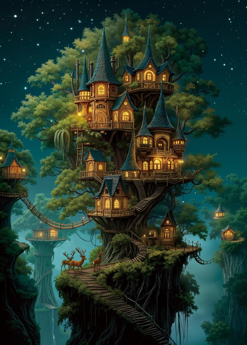 BBOLDIN Beautiful Forest House Landscape Puzzles for Adults 1000 Pieces Nature, Pretty Tree of Life Scenic Art Jigsaw Puzzles, Cozy Plant Stars Scenery Hard Difficult Challenging Garden Puzzle - Image 1