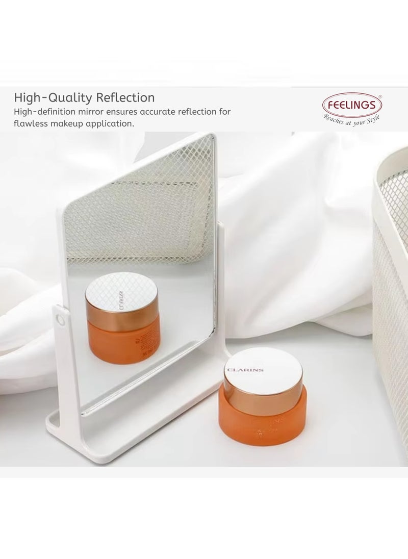 FEELINGS Square Makeup Mirror | White Desktop Vanity Mirror | 360° Rotating Mirror with Elegant Design | Portable and Lightweight Cosmetic Mirror for Home, Office, or Travel