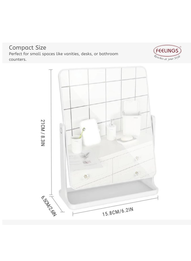 FEELINGS Square Makeup Mirror | White Desktop Vanity Mirror | 360° Rotating Mirror with Elegant Design | Portable and Lightweight Cosmetic Mirror for Home, Office, or Travel