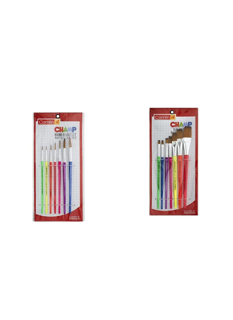 Camlin - Camlin Champ Flast Brush Set - Pack of 7 (Multicolor) & Camlin Champ Round Brush Set - Pack of 7 (Multicolor) - Image 1