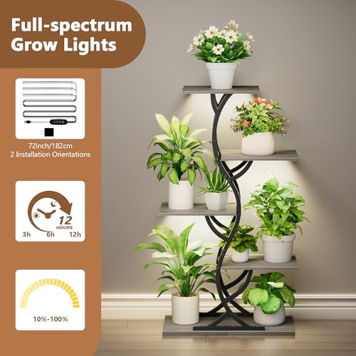 EVAWOO Plant Stand Indoor with Grow Lights - 44" Tall Corner Plant Stands for Indoor Plants, 5 Tiered Metal Plant Shelf, Curved Plant Flower Holder Dispaly Rack for Living Room, Home Patio Balcony (Gray) - Image 5