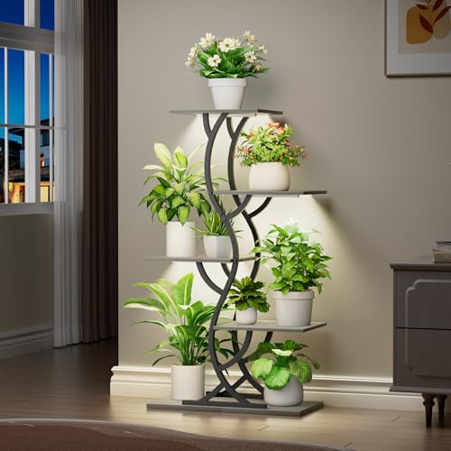 EVAWOO Plant Stand Indoor with Grow Lights - 44" Tall Corner Plant Stands for Indoor Plants, 5 Tiered Metal Plant Shelf, Curved Plant Flower Holder Dispaly Rack for Living Room, Home Patio Balcony (Gray) - Image 4