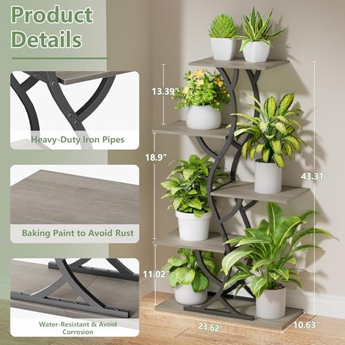 EVAWOO Plant Stand Indoor with Grow Lights - 44" Tall Corner Plant Stands for Indoor Plants, 5 Tiered Metal Plant Shelf, Curved Plant Flower Holder Dispaly Rack for Living Room, Home Patio Balcony (Gray) - Image 2