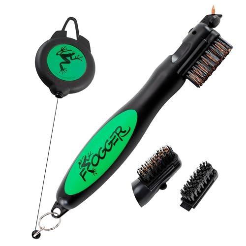 Frogger BrushPro Golf Club Cleaner with Ergonomic Grip and 25 ft Retractable Cord Green  Sturdy Golf Club Brush and Groove Cleaner for Golfers