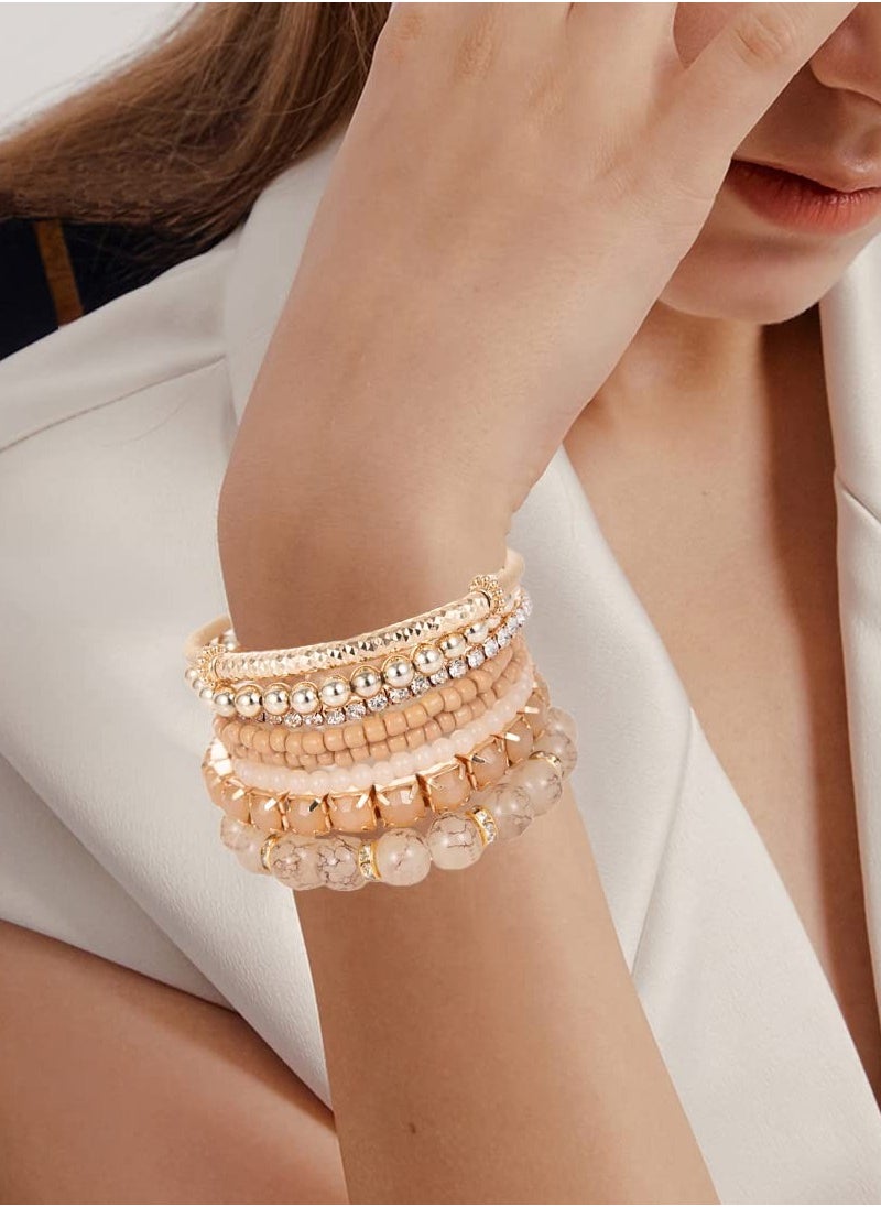 Excefore - Bohemian Bead Bracelets Multilayer Stackable Bracelet Set Shiny Stones Fashion Hand Accessories Gift for Birthday Wedding Anniversary Day Mother's Day 4 Sets - Image 1