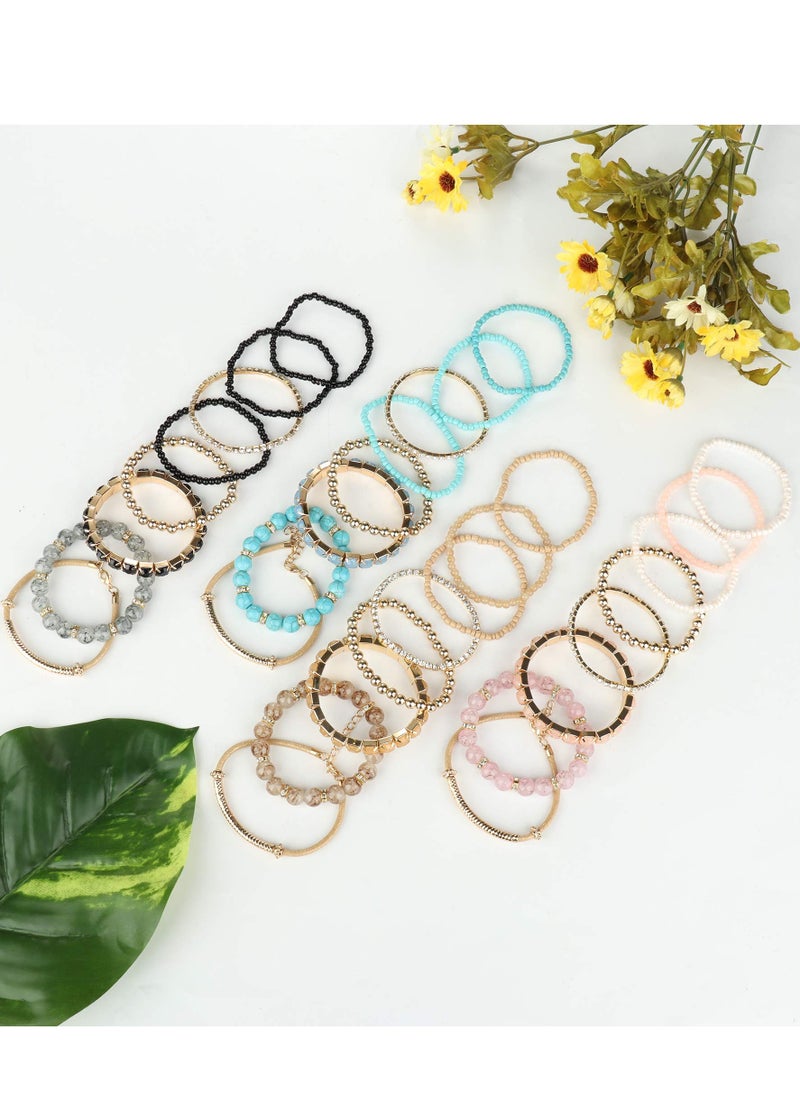 Excefore - Bohemian Bead Bracelets Multilayer Stackable Bracelet Set Shiny Stones Fashion Hand Accessories Gift for Birthday Wedding Anniversary Day Mother's Day 4 Sets - Image 1