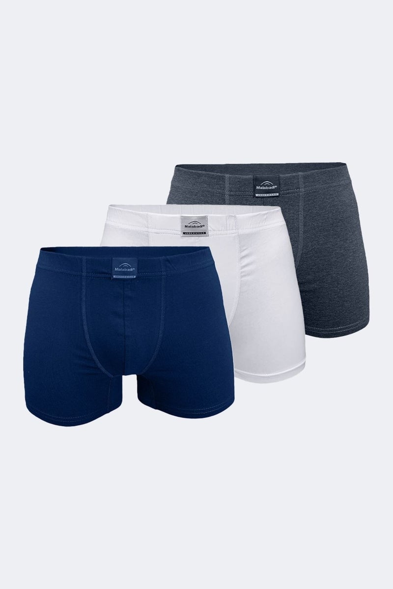 Malabadi Men's White Navy Blue Anthracite 3 Piece Cotton Elastane Boxer 3M074  - Image 1