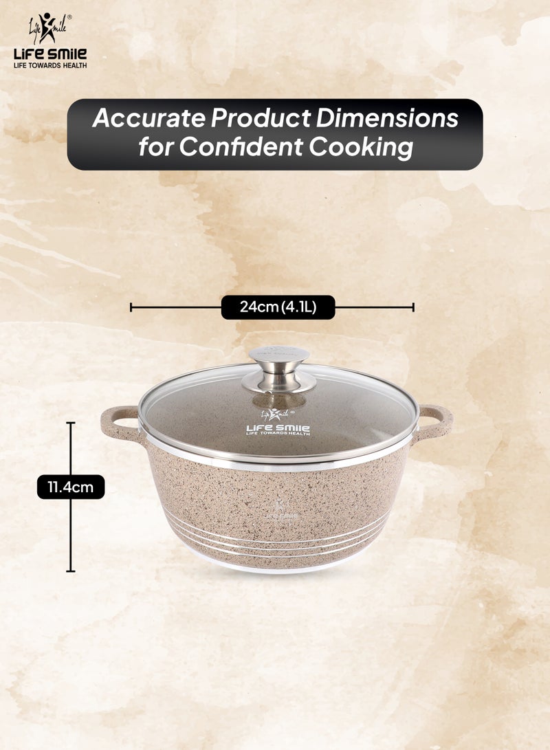Life Smile 24cm (4.1 Liter) LIFE SMILE Non-Stick Cooking Pot | Aluminum Soup Pot With Glass Lid | 100% PFOA Free, Fixed Handle | Multi Layer Non-Stick Granite Coating | Oven safe Cookwares  - Image 3