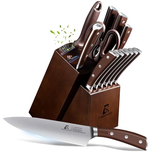 CoquusAid Knife Set, Upgrade 15 Pcs Knife Block Set with Widened Ventilated Slot, German Stainless Steel Kitchen Knives Set with Sharpener, Professional Chef Knives Set, Full Tang Ergonomic Handle - Image 1