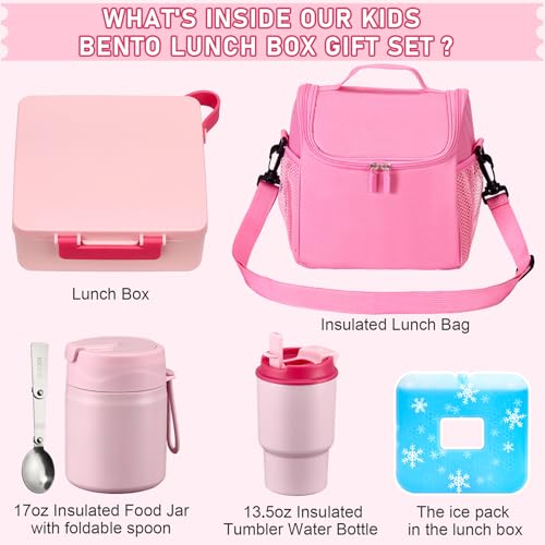Howeemo Bento Lunch Box for Kids with 17oz Soup Thermo,Insulated Tumbler Water Bottle and Insulated Lunch Bag,Leak-Proof 3 Compartment Lunch Food Container with with Ice Pack for Kids to School-Pink - Image 2