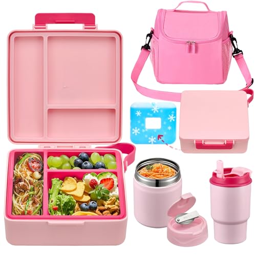 Howeemo Bento Lunch Box for Kids with 17oz Soup Thermo,Insulated Tumbler Water Bottle and Insulated Lunch Bag,Leak-Proof 3 Compartment Lunch Food Container with with Ice Pack for Kids to School-Pink - Image 1