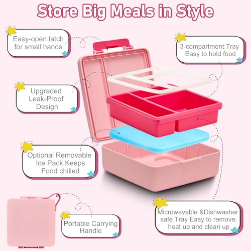 Howeemo Bento Lunch Box for Kids with 17oz Soup Thermo,Insulated Tumbler Water Bottle and Insulated Lunch Bag,Leak-Proof 3 Compartment Lunch Food Container with with Ice Pack for Kids to School-Pink - Image 4