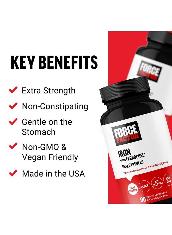 Force Factor فورس فاكتور، مكمل الحديد للنساء والرجال، غير مسبب للإمساك، لطيف على المعدة، حديد بيزغليسينات 36 ملغ، 90 كبسولة نباتية - Image 2