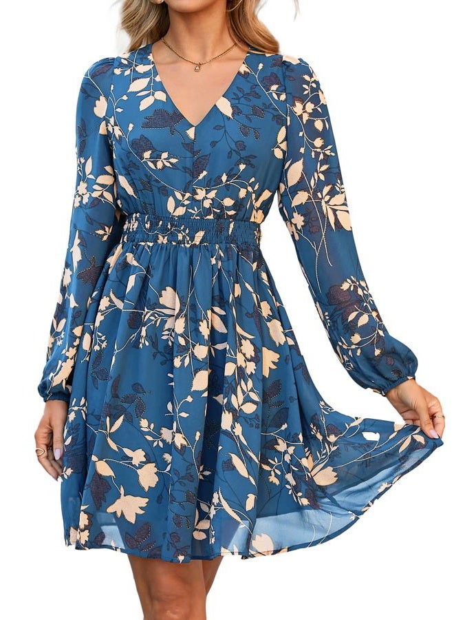 SIMPLEE Womens Floral Mini Dress Long Sleeve Casual V Neck Chiffon Modest Boho Flowy Fall Wedding Guest Dresses, Grey Blue Floral, M - Image 1