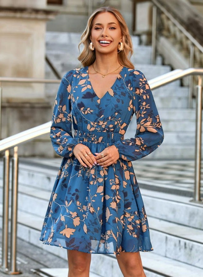 SIMPLEE Womens Floral Mini Dress Long Sleeve Casual V Neck Chiffon Modest Boho Flowy Fall Wedding Guest Dresses, Grey Blue Floral, M - Image 5
