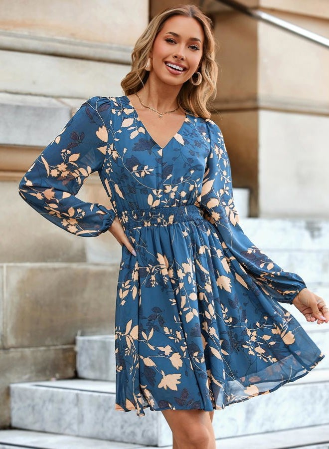 SIMPLEE Womens Floral Mini Dress Long Sleeve Casual V Neck Chiffon Modest Boho Flowy Fall Wedding Guest Dresses, Grey Blue Floral, M - Image 2