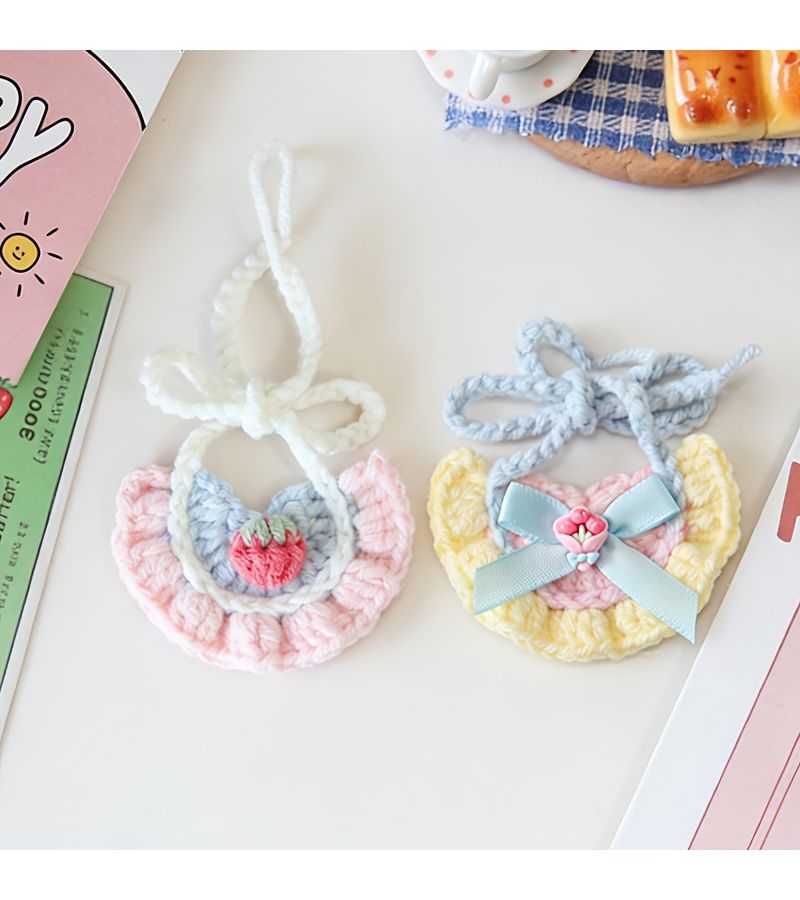 Pink Knitted Pet Collars 2pcs Handmade Cat Bunny Neck Decor - Image 5