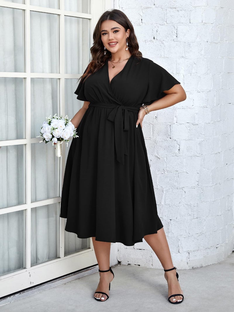 SCOMCHIC Womens Plus Size Wedding Guest Cocktail Midi Dress Summer Short Sleeve Wrap V Neck Belted A-Line Flowy Dress Black - Image 3