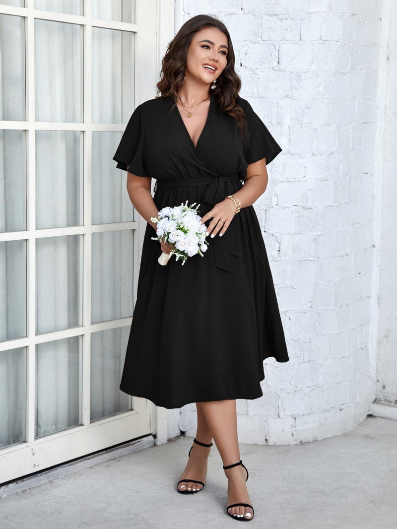SCOMCHIC Womens Plus Size Wedding Guest Cocktail Midi Dress Summer Short Sleeve Wrap V Neck Belted A-Line Flowy Dress Black - Image 5