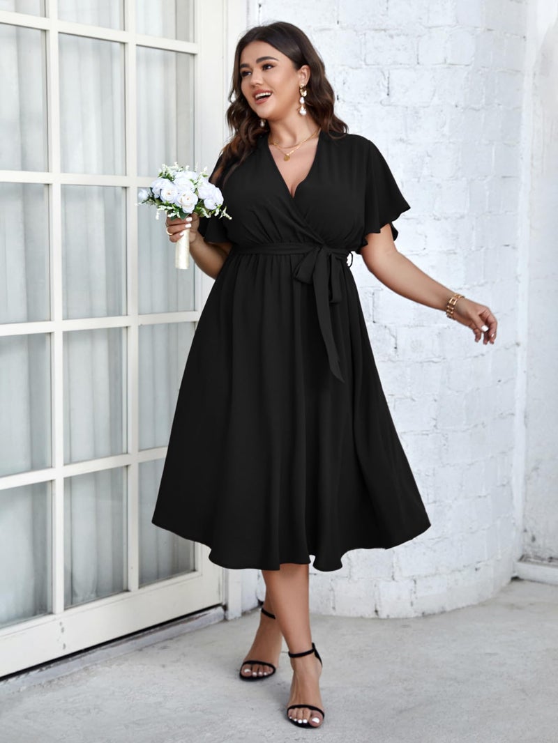 SCOMCHIC Womens Plus Size Wedding Guest Cocktail Midi Dress Summer Short Sleeve Wrap V Neck Belted A-Line Flowy Dress Black - Image 2