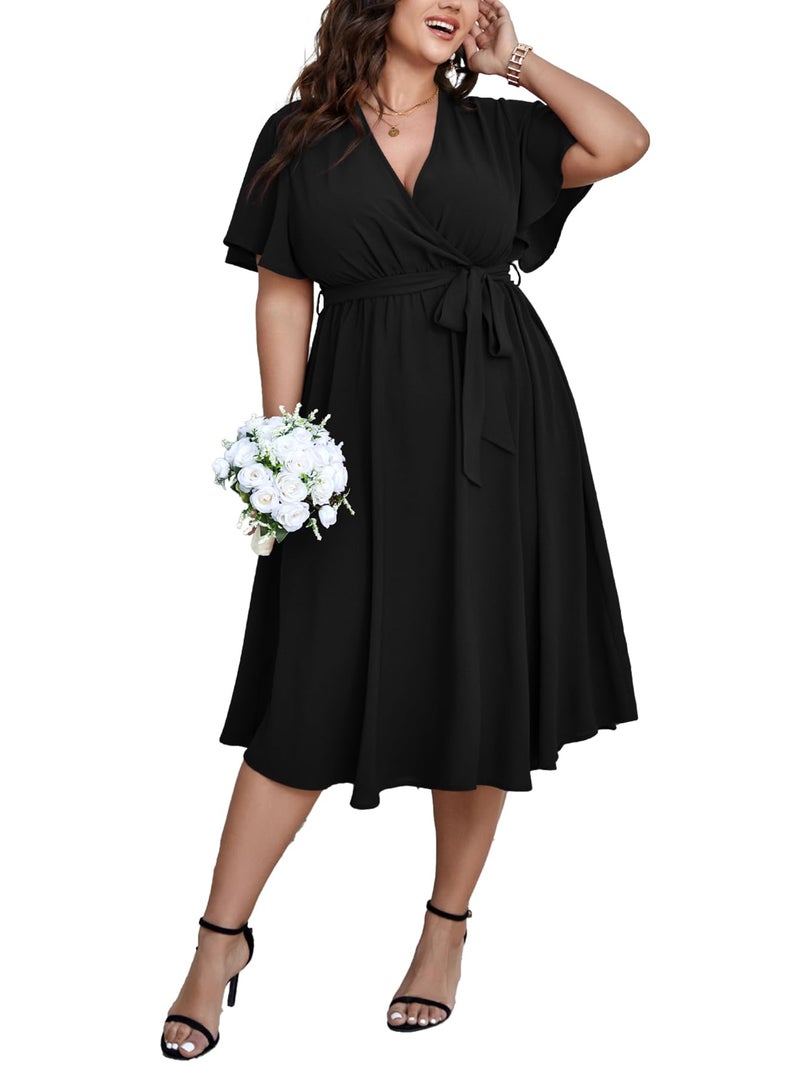 SCOMCHIC Womens Plus Size Wedding Guest Cocktail Midi Dress Summer Short Sleeve Wrap V Neck Belted A-Line Flowy Dress Black - Image 1