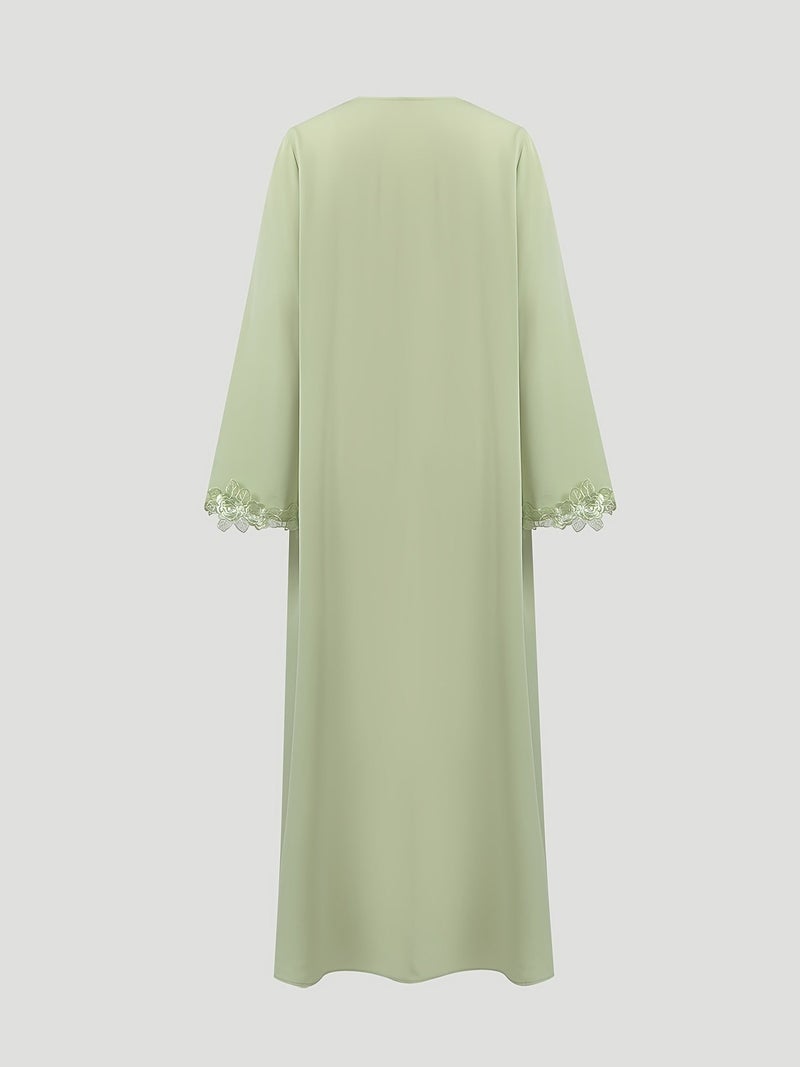 Spring/Summer Modest Muslim Lace Flower Embroidery Abaya Long Sleeve Loose Covered Gown Middle East Daily Elegant Dress Islamic Fasting Month Attire (Without Headscarf) - Image 5