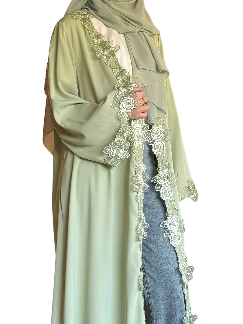 Spring/Summer Modest Muslim Lace Flower Embroidery Abaya Long Sleeve Loose Covered Gown Middle East Daily Elegant Dress Islamic Fasting Month Attire (Without Headscarf) - Image 1
