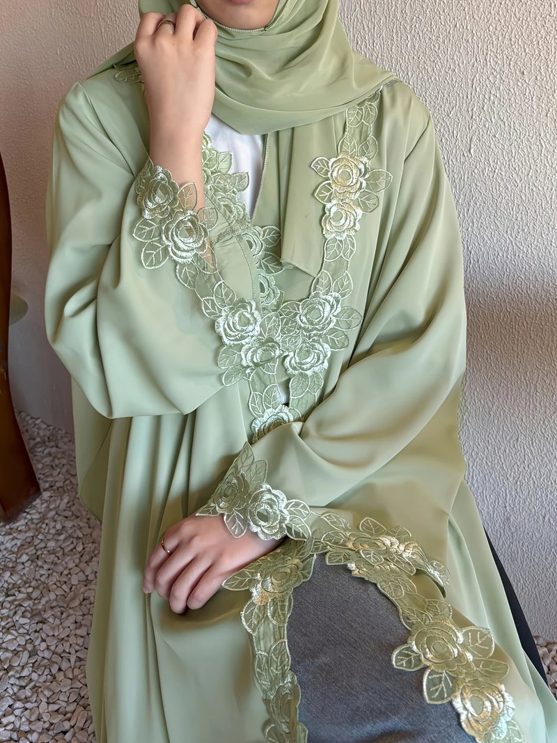 Spring/Summer Modest Muslim Lace Flower Embroidery Abaya Long Sleeve Loose Covered Gown Middle East Daily Elegant Dress Islamic Fasting Month Attire (Without Headscarf) - Image 2