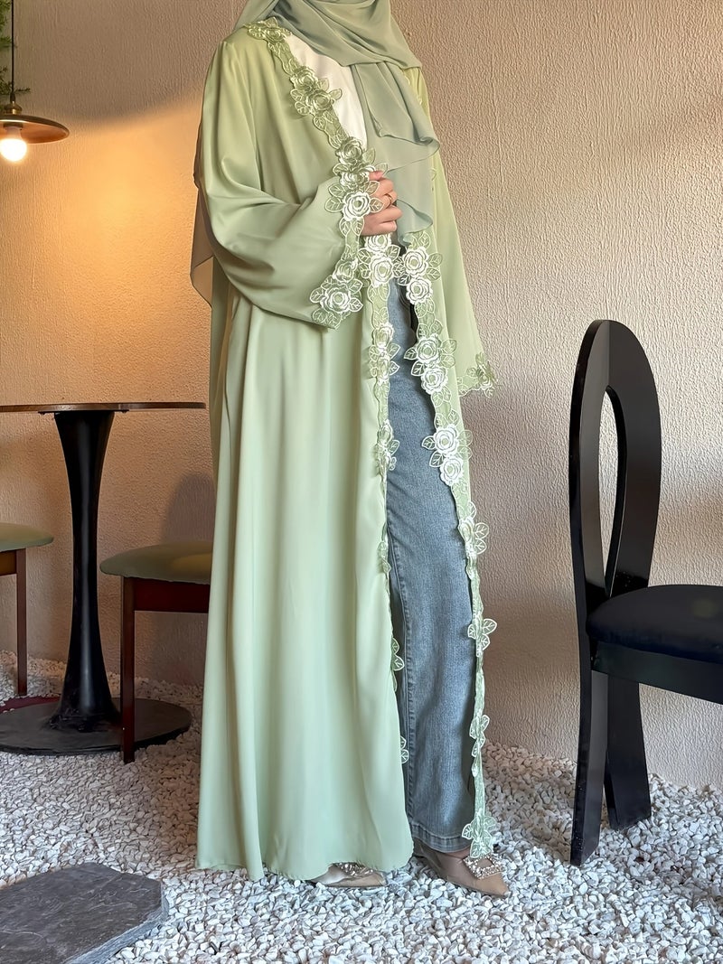 Spring/Summer Modest Muslim Lace Flower Embroidery Abaya Long Sleeve Loose Covered Gown Middle East Daily Elegant Dress Islamic Fasting Month Attire (Without Headscarf) - Image 3