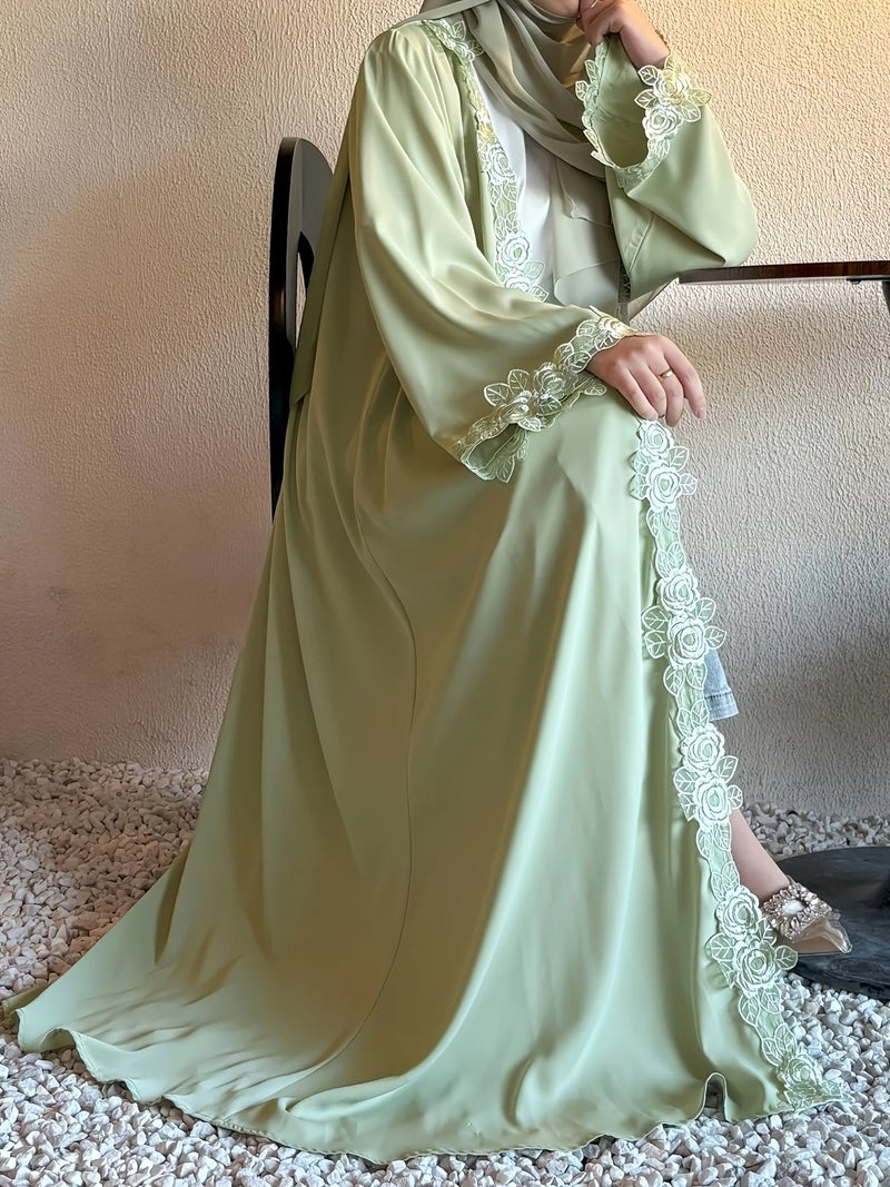Spring/Summer Modest Muslim Lace Flower Embroidery Abaya Long Sleeve Loose Covered Gown Middle East Daily Elegant Dress Islamic Fasting Month Attire (Without Headscarf) - Image 4