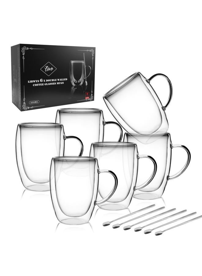 LIBWYS 6 Pack Double Walled Coffee Cups Glasses Mugs, Cappuccino Latte Tea Cups with Handle, Heat Resistant Cup Drinking Glasses 350ML Coffee Cup - Image 1