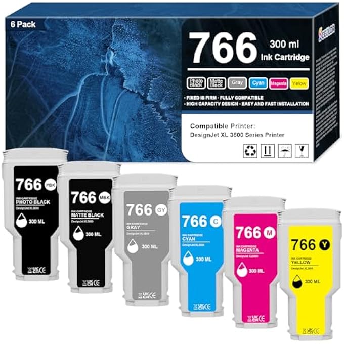 766 INK CARTRIDGE 300MLHIGH CAPACITY COMPATIBLE FOR HP 766 3ED57A P2V89A P2V90A P2V91A P2V92A P2V93A P2V94A 3ED55A INK REPLACEMENT FOR DESIGNJET XL3600 XL 3600 SERIES PRINTER(6-PACK MK/PB/G/C/M/Y)