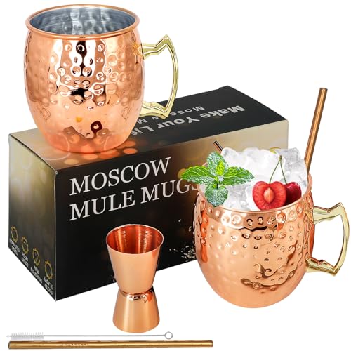 Moscow Mule Copper Mugs Set of 2 Moscow Mule Cups Stainless Steel Mug 18 Oz Food Safe Hammered Great for Cocktails Water Cold Drinks