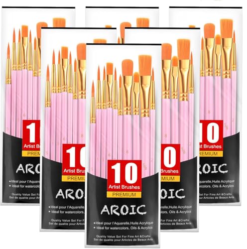AROIC فرشاة طلاء أكريليك AROIC، مجموعة 6 عبوات/60 قطعة من فرش الطلاء بشعر نايلون لجميع أغراض الرسم الزيتية والمائية للفنانين المحترفين (وردي) - Image 1