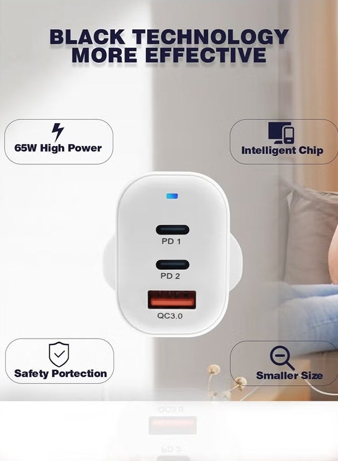 Arabest 65W GaN Triple Port USB C Charger charger adapter- Dual USB-C PD (45W+20W) & USB-A 20W Fast Charging Wall Adapter - Compatible with iPhone, Galaxy, Pixel, Samsung, Huawei, iPad, AirPods, Tablets & More - Image 3