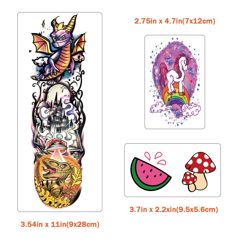 atydkug 52 PCS Kids Full Arm Temporary Tattoos - Rocket Car Dinosaur Planet Astronaut & Dolphin Castle Cat Body Tattoos Stickers for Boys & Girls, Party Supplies Gifts - Image 4
